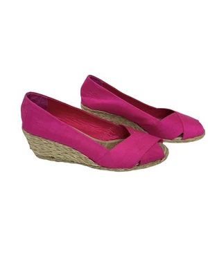 Ralph Lauren 7.5B Cecilia Shantung Silk Espadrilles Fuchsia Pink Peep Toe Wedge - Image 1 of 4