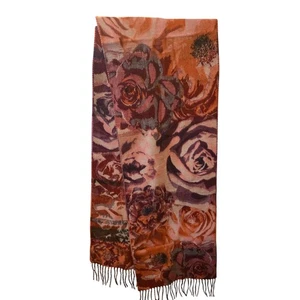V.FRAAS Cashmink Scarf Acrylic Fringe Red Pink Floral Print Fall Winter - Picture 1 of 4
