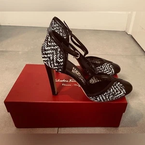 Salvatore Ferragamo T-Strap Pumps - Black / Off White - Size 9.5 - Leather Heels - Picture 1 of 16