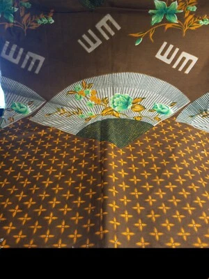 Vintage BOON CHUAY FACTORY Asian Chinese Cotton Fabric Floral w/Fans on Brown - Image 1 of 4