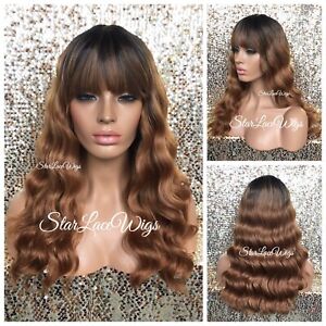 Synthetic Wavy Full Wig Chinese Bangs #27 #30 Mix with #1b Roots Heat Safe Long