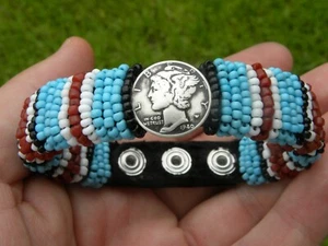 Cuff bracelet 1940 Mercury dime coin genuine Bison leather turquoise glass bead - Picture 1 of 5