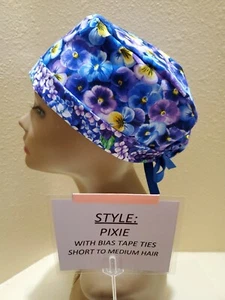 Pansies Blue & Purple Pixie Skull Women's Surgical Scrub Hat/Cap Handmade - Picture 1 of 9