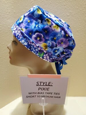 Pansies Blue & Purple Pixie Skull Women's Surgical Scrub Hat/Cap Handmade - Image 1 of 4