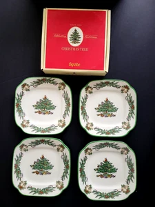 SPODE Set of 4 Christmas Tree GARLAND S3324-A7 Appetizer Plates 5 5/8" Square - Picture 1 of 10