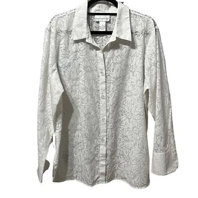 Camisa Susan Graver Estilo Talla L Texturizada Blanca Floral Manga Larga Botón Delantero Foto 1 de 4