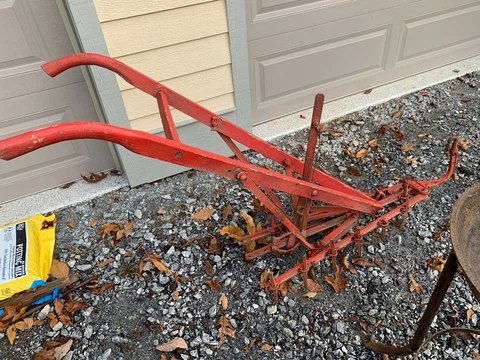 Vintage Red Horse Drawn Walk Behind Iron Plow Tiller Cultivator Farm Tool Cover
