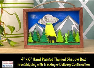UFO Alien Cow Abduction Scene Hand Painted Wood Shadow Box 3D Effect Laser Cut - Picture 1 of 8