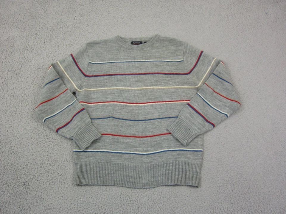 Vintage Arrow Sweater Mens Large L Gray Striped Acrylic 80s 70s Preppy Colorful - Image 1 of 4
