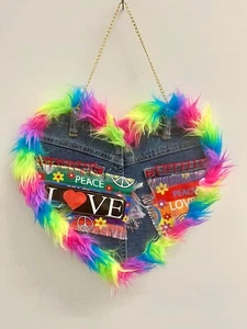 One of a kind art heart wall art decoration hanging wooden heart with fur/jeans - Bild 1 von 4