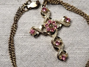 Vintage Necklace Stanhope Cross Lord's Prayer Pink Rhinestone Christian Gift B64 - Picture 1 of 6
