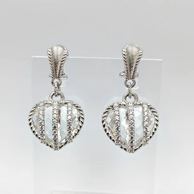 Judith Ripka 925 Sterling Silver Rock Crystal CZ Heart Dangle Clip On Earrings - Image 1 of 4
