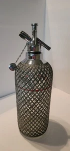 1930s Soda Siphon Seltzer Glass Bottle w/ Metal Mesh Sleeve Sparklets USA Czech - Picture 1 of 11
