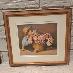 Nancy Noel's Vtg Framed Print Titled "Joshua" Amish Boy Smelling Pink Flowers - Picture 1 of 11