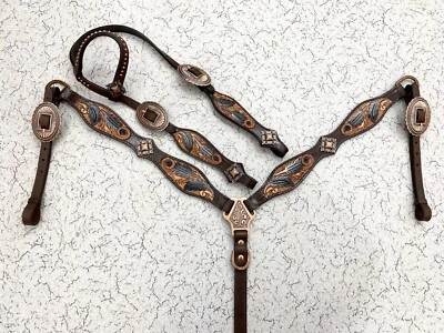 Headstall and Breast Collar Set Horse Genuine Leather Western Decorative MOUSM - Image 1 of 4