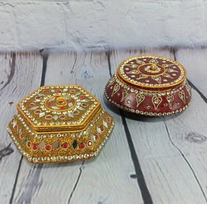 Two Vintage Jeweled & Mirrored Trinket Boxes Metallic Accents Hexagon and Round - Picture 1 of 15
