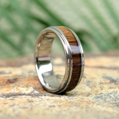 Genuine Hawaiian Dark Koa Wood Inlay Titanium Wedding Ring Band 6mm TWR1004 - Image 1 of 4