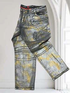 Pantalones de mezclilla para hombre Makobi grandes y altos plateados | lámina dorada nuevos con etiquetas - Imagen 1 de 6