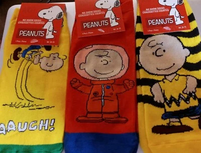 SNOOPY Charlie Brown PEANUTS No Show 袜子 3 双女式 9 到 11 码全新 — 第 1/4 张图片