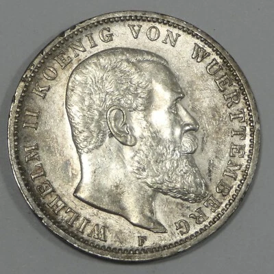 1914-F GERMAN STATES Wurttemberg Wilhelm II Silver 3 Mark BRILLIANT UNCIRCULATED - Image 1 of 4