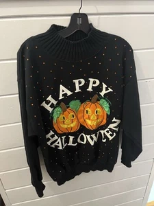 VTG Halloween Black Polka Dot Pumpkin Embroidered Turtle Neck Sweater Small - Picture 1 of 4