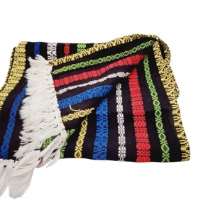 1950er Textilverpackung vertikal gewebte Streifen schwarzer Hintergrund Fransenenden 68" x 12" - Bild 1 von 3