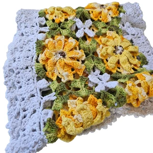 Vintage Crochet Table Runner Yellow Green Flowers 3D Relief 165 cm Long Boho - Picture 1 of 7