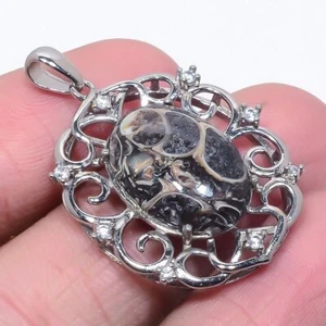 Turritella Fossil, Topaz 925 Sterling Silver Rhodium Plated Pendant 1.40" T26 - Picture 1 of 1