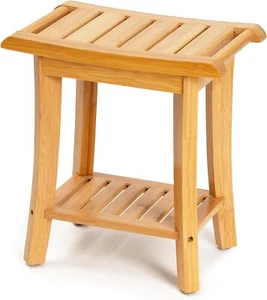 Bamboo Shower Chair with Storage Shelf, Spa Bath Chair for Bathroom, Natural - Picture 1 of 7