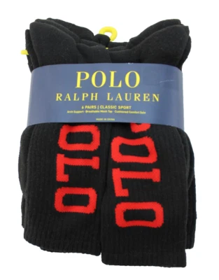POLO Ralph Lauren 6 Pr Men 6-12.5 Black / Red Classic Sport Crew Pony Logo Socks - Image 1 of 3