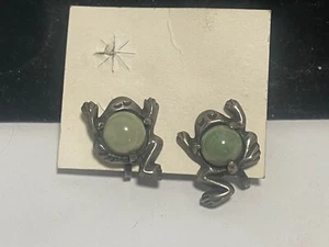 Sterling Silver Earrings Chinese Jade Frog Vintage - Picture 1 of 6