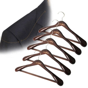 5 Heavy Wooden Hanger Wide Shoulder Suit Hangers Premium Natural Finish Antiskid - Picture 1 of 12