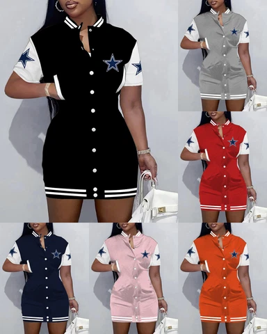 Dallas Cowboys Women's Varsity Jacket Dress Short Sleeve Button Down Dress Gift Cover