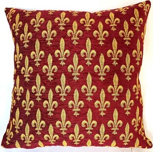 HIGH QUALITY 18" BELGIAN TAPESTRY CUSHION COVER RED GOLD, FLEUR DE LYS 8231/77 - Picture 1 of 6