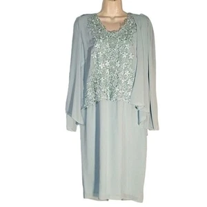 URSULA OF SWITZERLAND Blue Beaded Embroidered Sequin Long Sleeve Chiffon Sheath - Picture 1 of 11