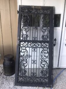 Vintage Wrought Iron Security Door 35.5” opening Lockable Ornate. Black.  Heavy