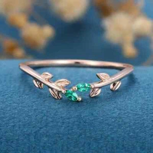 0.20CT Simulated Sea Green Emerald Leaf Vine Design Women Ring In 10K Rose Gold - Picture 1 of 7