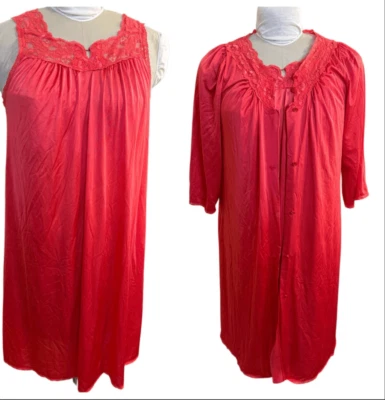 Shadow Line Women’s Nightgown & Robe Set Vtg 2-Pcs Sz. M Red Silky Nylon - Image 1 of 4