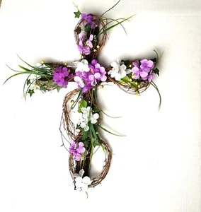 Handmade Grapevine Cross Wall Decor Purple White Flowers Spring Easter Religious - Picture 1 of 10