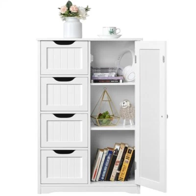 Bathroom Cabinet Free Standing Storage Unit 4 Drawers Floor Cupboard Wood, White
