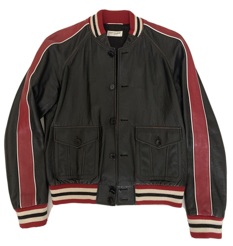 SAINT LAURENT (YSL) SAINT LAURENT Edizione Limitata Giacca in Pelle Varsity Nero e Rosso 38 M