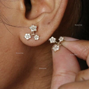 Solid 14k Yellow Gold Natural 0.45ct Diamond Trio Joint Floral Tiny Stud Earring - Picture 1 of 5