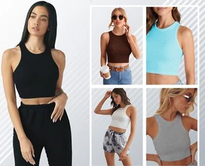 WOMEN'S Plain Vest Crop Tops Ladies Tank Summer Blouse Ribbed T-Shirt Racer Tops - Picture 1 of 24