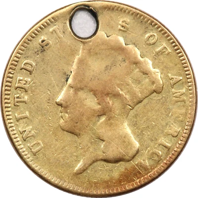 No Date (XXX8) Princess Head $3 Gold Coin, Holed/Ex-Jewelry, Circulated - Image 1 of 2