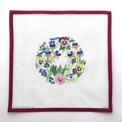 JULIE MAR Handpainted Needlepoint Canvas Violas Pansies Flowers Vines 18 Mesh - Image 1 of 4
