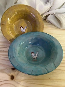 Uniquely Handcrafted Decorative Pottery Bowls Chicken Rooster Lot of 2 Signed - Picture 1 of 14