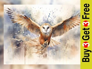 Mesmerizing Barn Owl Watercolor Illustration Print - Enchanting Artwork  12"x8" - Picture 1 of 6