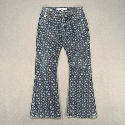 Vintage GUESS Jeans Womens 28 Low Ries Flare Denim All Over Logo Graphic Y2K - Image 1 of 4