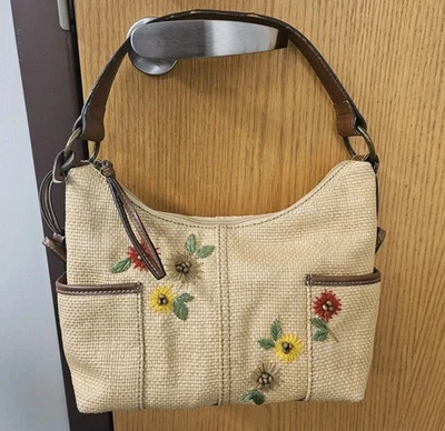 Fossil Woven Straw Floral Embroidered Summer Satchel Handbag Leather Accents - Image 1 of 4