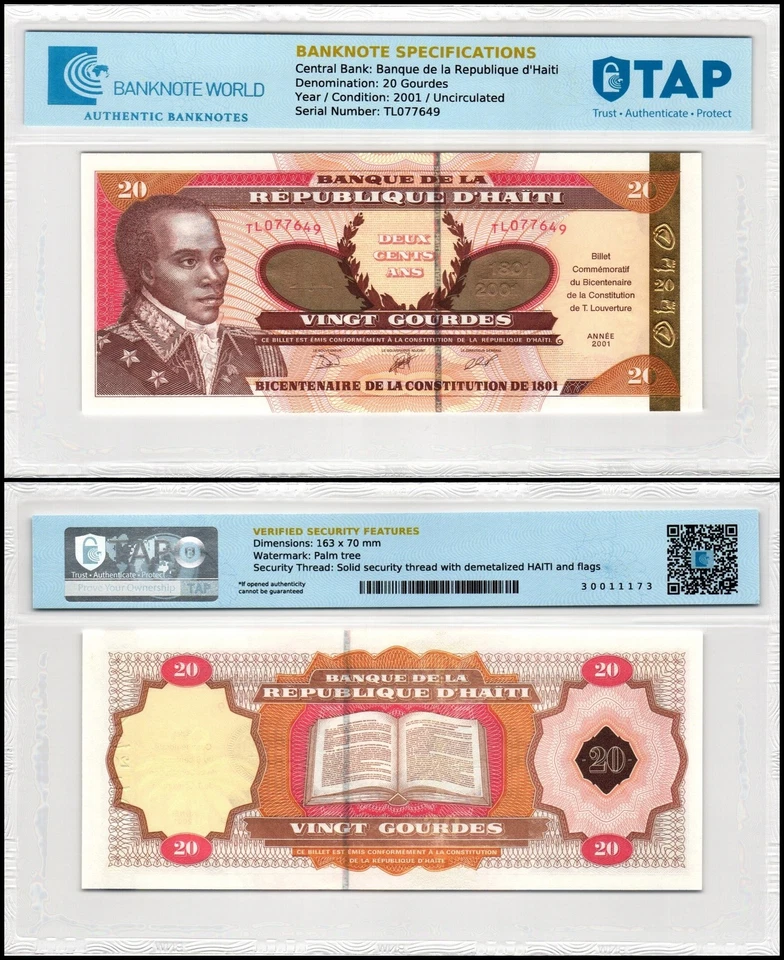Haití 20 Gourdes, 2001, P-271, UNC, Conmemorativo, Autenticado Foto 1 de 1